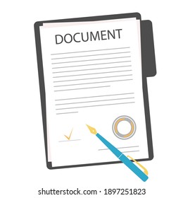 Document Sign Icon. Document, Folder With Seal, Text And Pen. Illustration