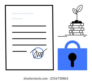 A document with a signature, a blue padlock symbol and a plant growing from stacked coins are visible. Ideal for financial security, digital contracts, personal identification, online safety