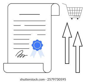 Document with a signature and a blue seal symbolizing certification. Nearby are two arrows pointing up and a shopping cart representing eCommerce growth. Ideal for online business, certification