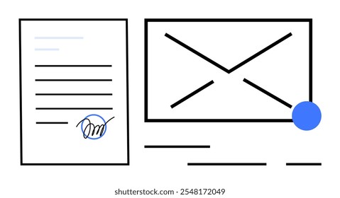 A document with a signature and an envelope with a notification dot. Ideal for digital communication, email services, contract signing, online correspondence, and office productivity. Simple graphic