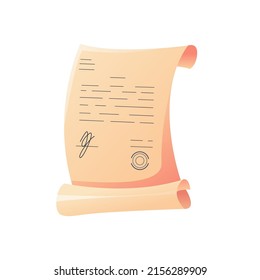 Document with signature is isolated on a white background. Insurance or sale. Signing a contract or agreement. Vector Illustration in cartoon style.