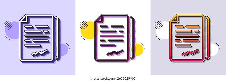 Document signature line icon. Halftone dotted pattern. Gradient icon with grain shadow. Agreement doc file sign. Office note symbol. Line document signature icon. Various designs. Vector
