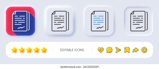 Document signature line icon. Neumorphic, Flat shadow, 3d buttons. Agreement doc file sign. Office note symbol. Line document signature icon. Social media icons. Vector