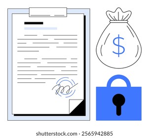 A document with a signature, a money bag with a dollar sign and a padlock. Ideal for financial security, legal agreements, money management, protection of assets, and secure transactions. Simple