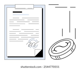 Documento con la firma en el Portapapeles junto a la moneda. Ideal para temas de Finanzas, Legal, Negocios, Acuerdos, Contratos. Estilo limpio y sencillo con un tono profesional, utilizando Elementos de diseño minimalistas