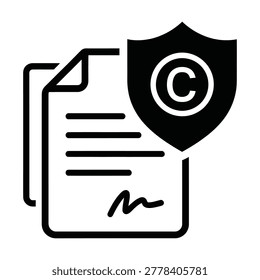 Document with a signature and a shield with copyright symbol, signifying intellectual property protection, copyright