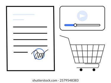 Document with signature, shopping cart and video player. Ideal for online agreements, digital transactions, multimedia, e-commerce, electronic signatures. Simple vector style