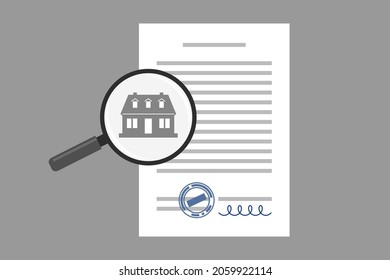 Document with signature and stamp and magnifier with house icon. Concept of subject of business agreement, property insurance, real estate buying or selling