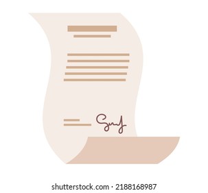 Document with signature and text icon. Contract or digital signature concept. Signing business contract. Vector flat illustration 