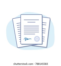 Document with signature and text. Isolated vector illustration.
Folder and stack of white papers. Flat line style.