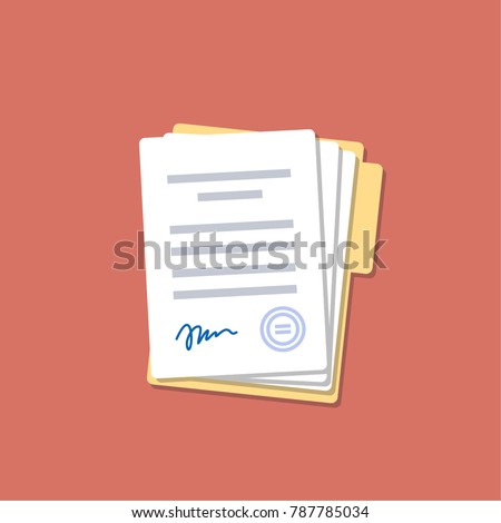 Document with signature and text. Isolated vector illustration.
Folder and stack of white papers. Flat design.