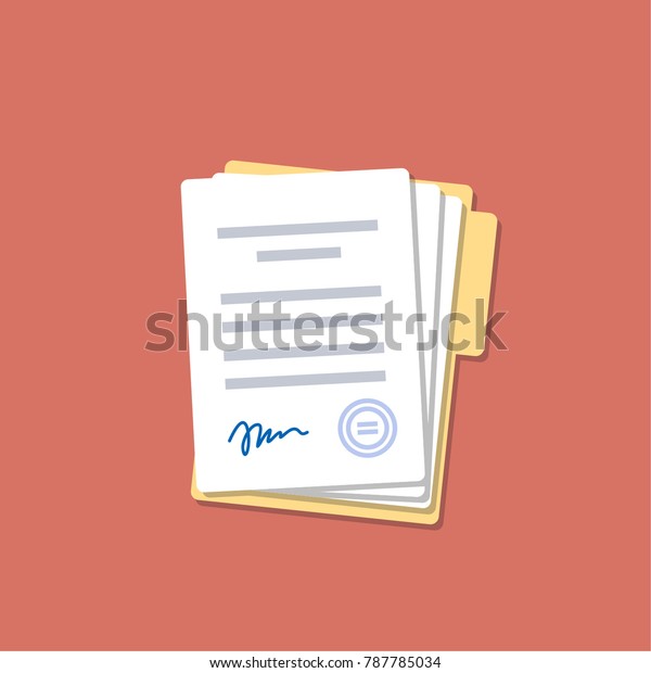 Document with\
signature and text. Isolated vector illustration.\
Folder and stack\
of white papers. Flat\
design.