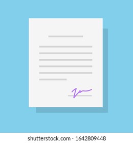 Document with signature and text or legal agreement contract vector flat cartoon icon, illustrated paper page signed 