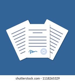 Document with signature and text. Stack of white papers. Isolated vector illustration in flat design.