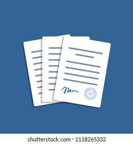 Document with signature and text. Stack of white papers. Isolated vector illustration in flat design.