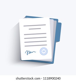 Document with signature and text. Stack of white papers. Isolated vector illustration in flat design.