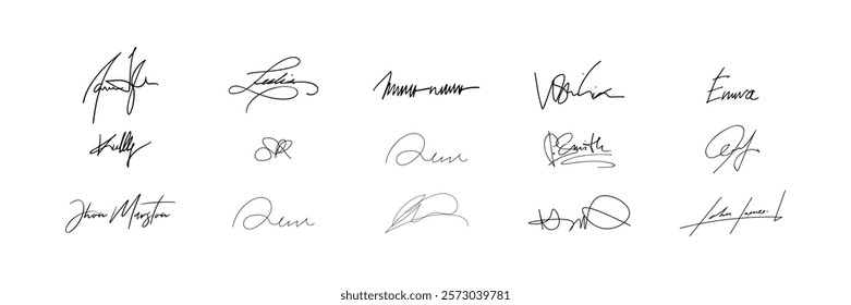 Document signatures or handwriting personal name letters and surname, Signature document. Handwriting Signatures, Personal Name Letters, and Surnames | Elegant Signature Document Vector