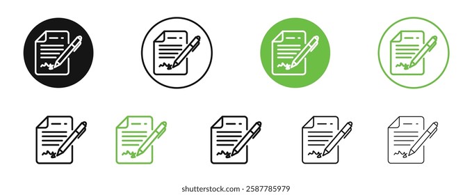 Document signed icons in black and green colors collection
