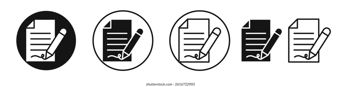 Document signed icons set in solid black and stroke line style
