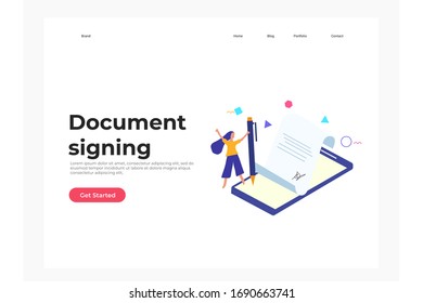 Document signing concept illustration concept for web landing page template, banner, and presentation