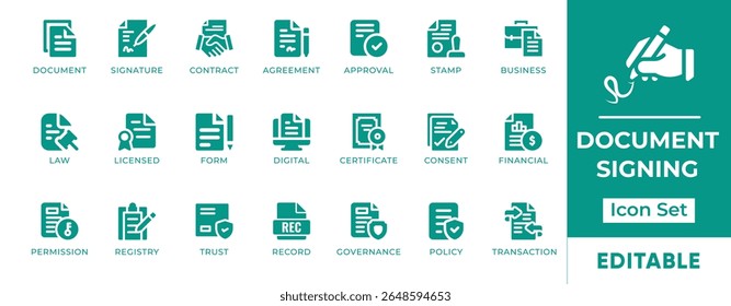 Conjunto De Ícones De Assinatura De Documento. Apresenta ícones de assinatura eletrônica, contrato, aprovação, carimbo, arquivo e papelada. Perfeito para plataformas legais, administrativas, comerciais e digitais.