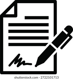 Ilustración vectorial de icono de firma de documentos, diseño mínimo en blanco y negro con lápiz y papel, Ilustración vectorial de icono de firma de documentos, diseño mínimo en blanco y negro con lápiz y papel,