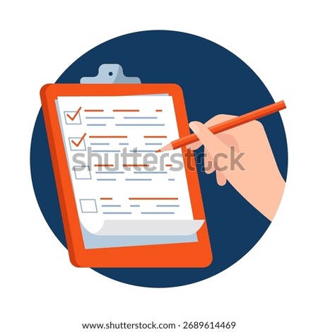 Document signing illustration with hand and pencil. Vector illustration.