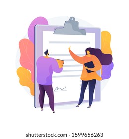 Document signing. Partnership deal, business consultation, work arrangement. Client and assistant writing contract cartoon characters. Vector isolated concept metaphor illustration