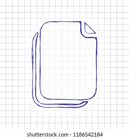 document simple icon. Hand drawn picture on paper sheet. Blue ink, outline sketch style. Doodle on checkered background