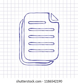 document simple icon. Hand drawn picture on paper sheet. Blue ink, outline sketch style. Doodle on checkered background