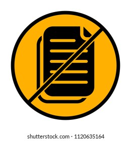 document simple icon. not allowed, black object in warning sign with orange background color