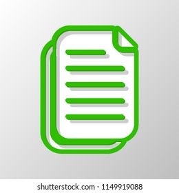 document simple icon. Paper style. Cut symbol with green bold contour on shape and simple shadow