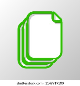 document. simple silhouette. Paper style. Cut symbol with green bold contour on shape and simple shadow