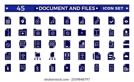 Document solid icon set. Documents symbol collection. Different documents icons.Set of file and document Icons. Simple solid style icons pack.  
