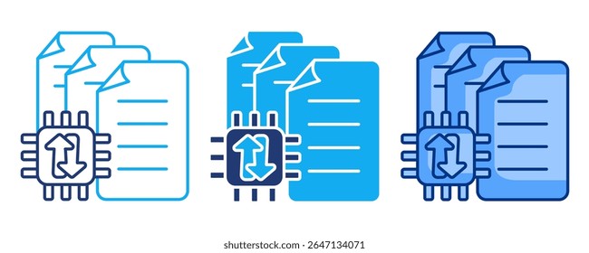 Document sorter icon represented by document, chip, up down arrow Blue, Dualline, Dualtone style.