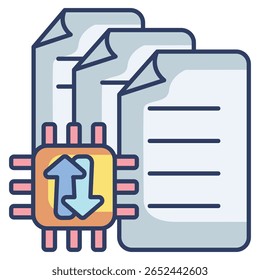 Ícone de classificador de documento representado por documento, chip, seta para cima e para baixo estilo de cor linear.