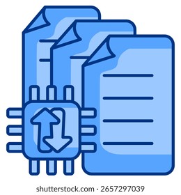 Document sorter icon represented by document, chip, up down arrow Blue style.