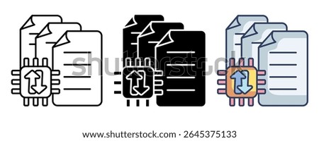 Document sorter icon represented by document, chip, up down arrow Line, Filled, Color style.