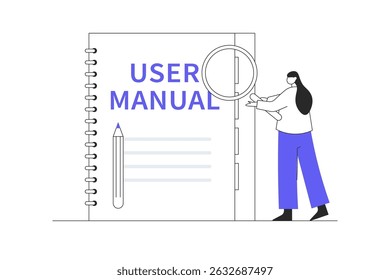 Requisitos de especificação de documento, Instruções de conceito de uso com caráter de mulher de negócios. Ilustração plana de vetor de desenhos animados, ícone. Página inicial de design abstrato e elegante