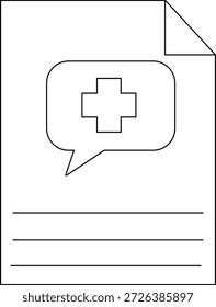 Documento con burbuja de discurso que contiene una cruz médica debajo y una esquina doblada