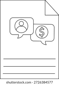 Un documento con burbujas de discurso que muestran un icono de persona y un signo de dólar