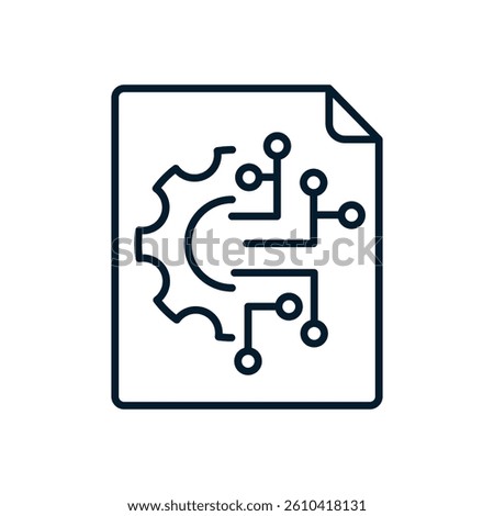 Document, spine, circles, lines. The concept represents a multifunctional technology for processing, structuring and integrating data. Vector icon isolated on white background.