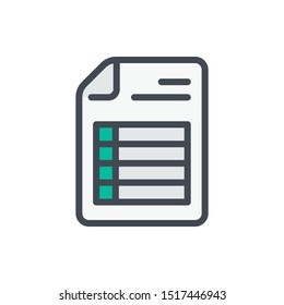 Document with spreadsheet color line icon. File with pivot table page vector outline colorful sign.