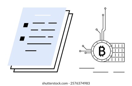 A document stack beside a Bitcoin symbol integrated with circuit lines. Ideal for blockchain, cryptocurrencies, digital finance, technology innovation, data management. Simple clean style