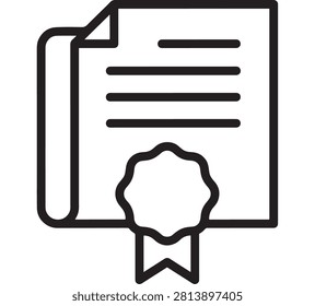 Document Stack Icon with Bookmark and Badge Seal Symbol, Simple Black Outline Style for Digital Files and Credentials