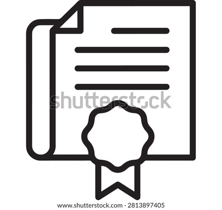Document Stack Icon with Bookmark and Badge Seal Symbol, Simple Black Outline Style for Digital Files and Credentials