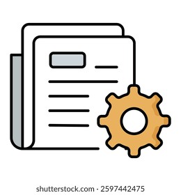 Document stack icon with a gear representing configuration settings, system optimization, document automation, and business process management	