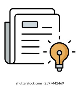 Document stack icon with a light bulb representing brainstorming, creative thinking, innovation strategy, and research planning	

