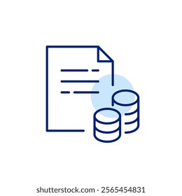 Document and stacks of coins. Payment invoice, wealth management, taxes and economical analysis. Pixel perfect, editable stroke icon