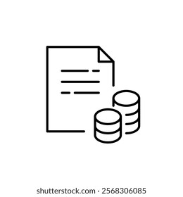 Document and stacks of coins. Payment invoice, wealth management, taxes and economical analysis. Pixel perfect vector icon